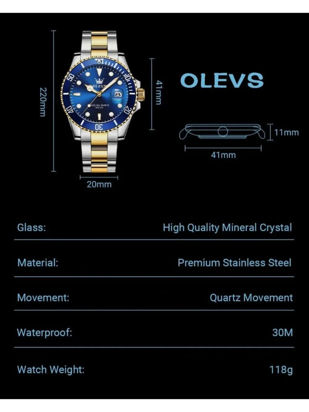 Men's Blue Premium Gold and Silver Stainless Analog Rotatable Round Steel Watch